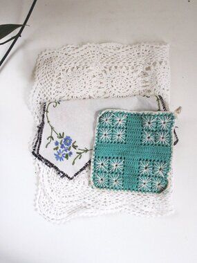 Handmade Vintage Crochet Embroidered Linens Textile Lot White Doily Napkin Pot H